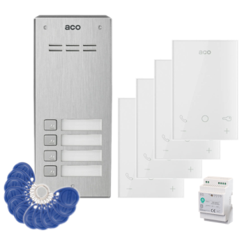 ZESTAW DOMOFONOWY ACO FAM-P-4NPACC NT + 4 UNIFONY UP800 G2 + ZASILACZ NA SZYNĘ DIN 15V